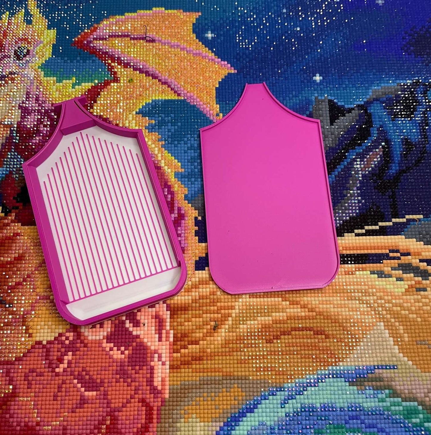 Pink Dragon Tray with white base on colorful diamond art background
