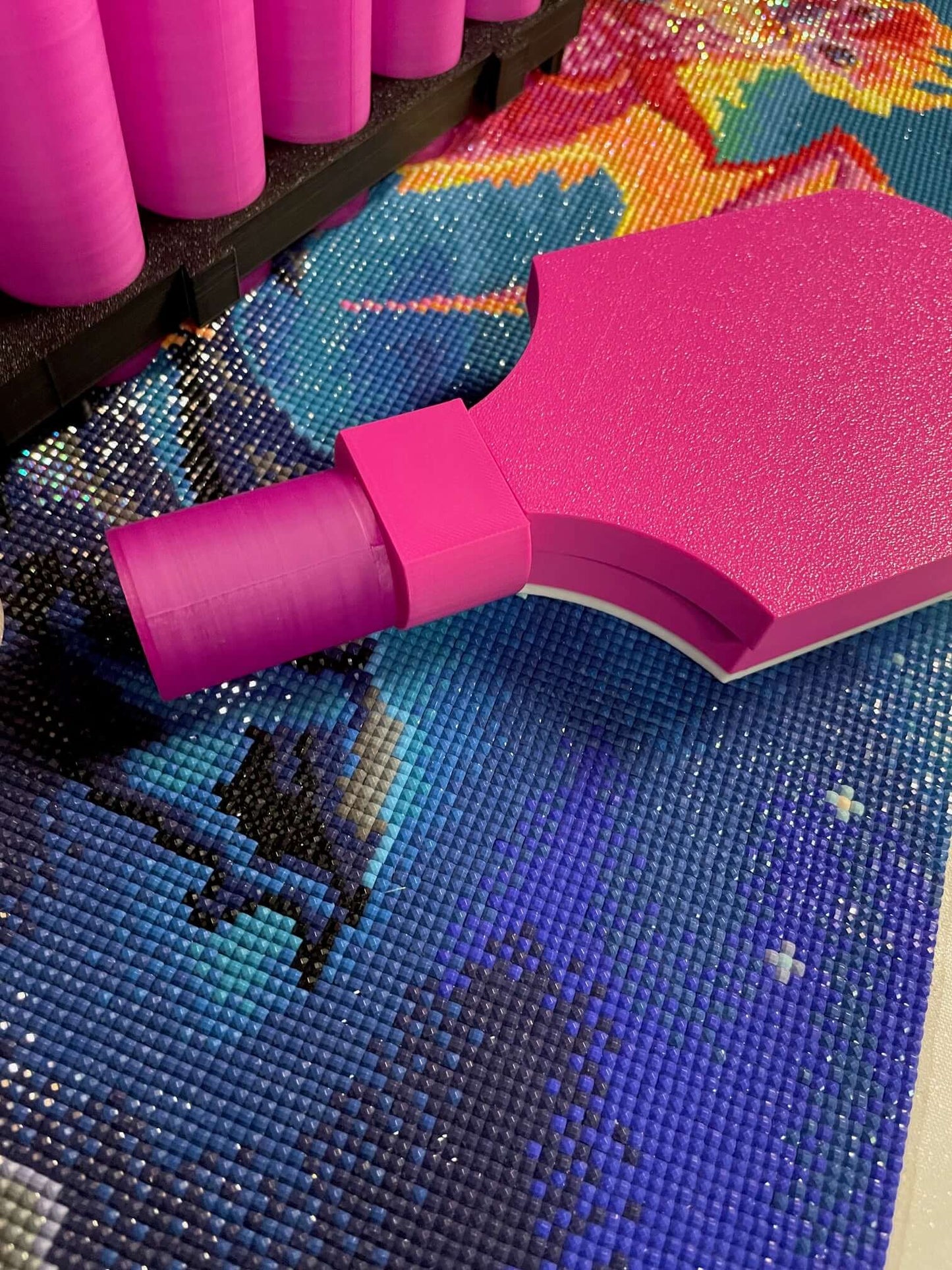 Pink Mist Screw-On Funnel and Tray from Screw & Shake Starter Kit with colorful patterned background.