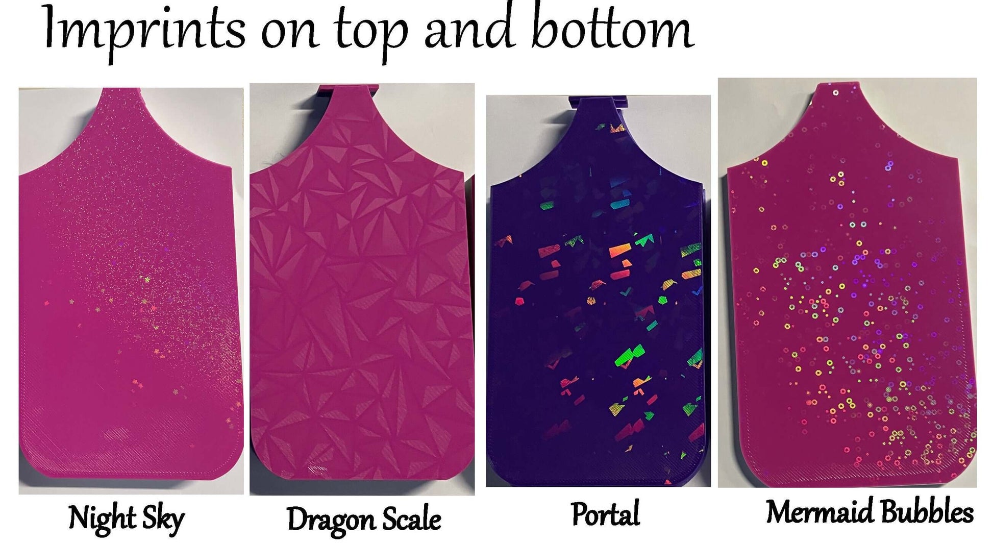 "Image of four colorful trays with different imprints: Night Sky, Dragon Scale, Portal, and Mermaid Bubbles, showcasing design options."