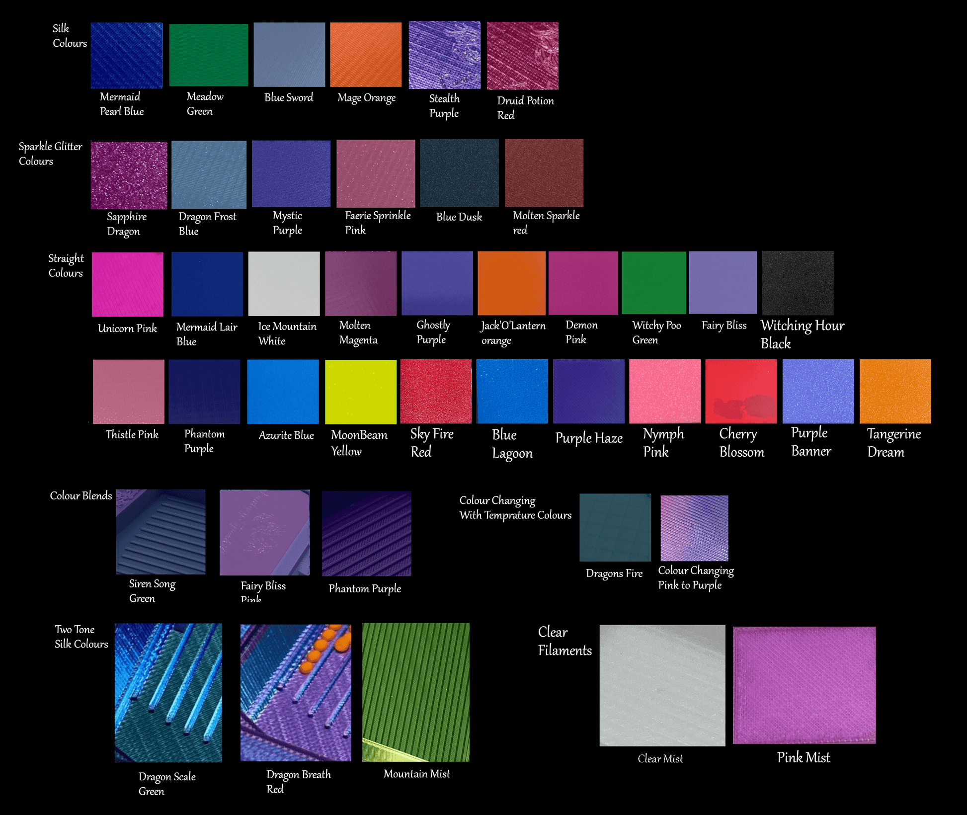 "Color options for Dragon Tray, featuring various silk, glitter, and blended colors like Mermaid Tail Blue and Dragon Fruit Pink."