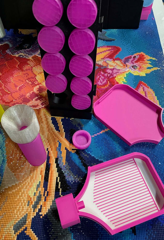 Screw & Shake Starter Kit with Pink Mist containers, black stand, and pink trays on a colorful surface.