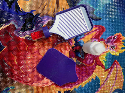 Purple and white Dragonling Screw & Shake diamond art tray with detachable base on colorful background